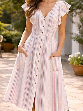 Cottage Core Button Front White & Tan Cotton Stripes Dress - NWOT